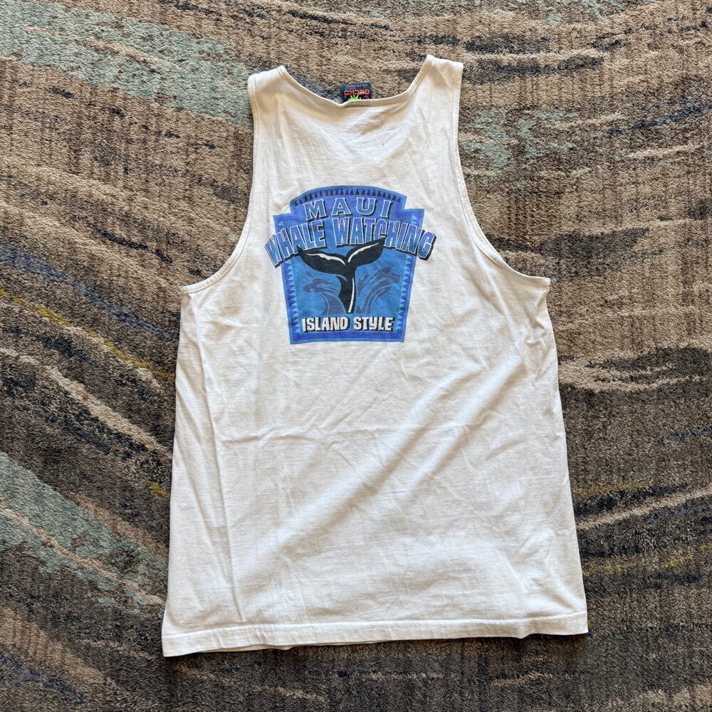 Vintage 90's Gecko Maui Hawaii Whale Watching White Blue Tank Top Shirt Sz Large